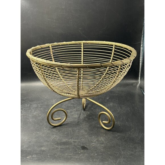 Vintage Gold Round French Woven Wire Pedestal Basket Fruit Boho Centerpiece Bowl - Picture 8 of 8